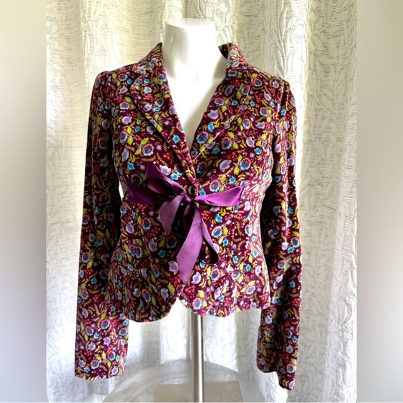 FREE PEOPLE Floral Velvet Boho Preppy Fall Winter Blazer Pylurple Jacket.Sz 2 . - Picture 3 of 8